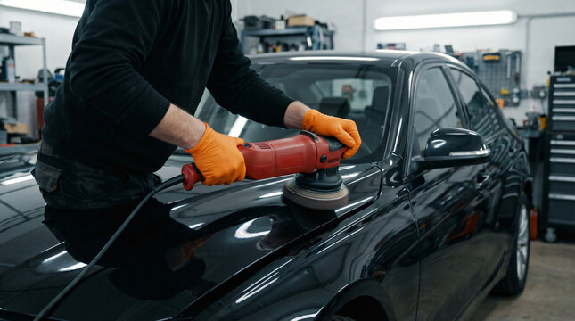 Man in orange gloves polishing a black car with an electric buffer in a garage.