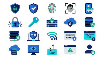 Cybersecurity and Digital Data Protection Flat Vector Icon Set Featuring Shield, Lock, VPN, Biometric Scanners, and Cloud Security Symbols in Blue and Teal Palette. © Ayong
