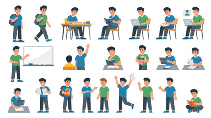 Fototapeta premium School Boy Character Set with Various Poses and Educational Activities, Flat Vector Illustration of Student Studying, Reading, and Using Laptop on White Background