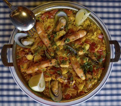 Spanish cuisine, seafood paella in pot, Tenerife, Canary Islands, Spain