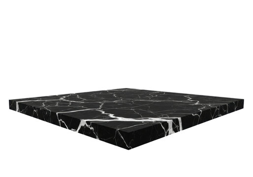 A polished black nero marquina marble tabletop with white veins, shot from a low angle against a transparent background. Premium product display concept