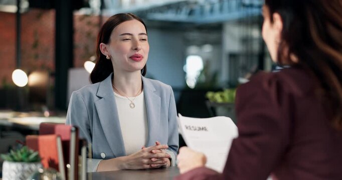 Resume, meeting and businesswoman at job interview in office for recruitment with career opportunity. Discussion, cv and candidate with hiring manager for onboarding process with portfolio documents.