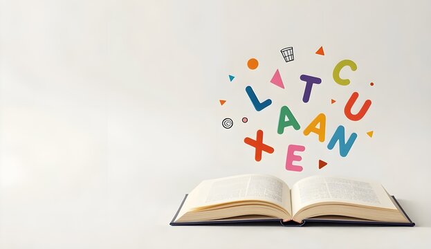 Open book with flying colorful alphabet letters isolated on white background