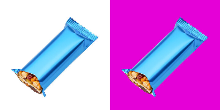 Blue wrapper protein snack bar with nuts and chocolate isolated on white and pink background transparent png