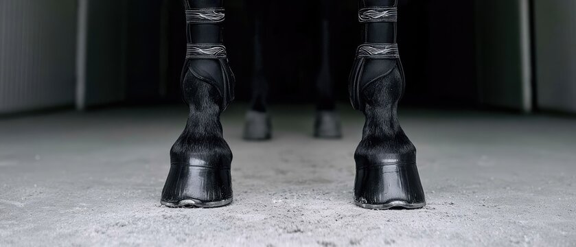 Close-up view of a horse's front legs with tendon boots and shiny hooves on a concrete floor