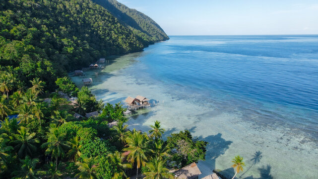 Aerial view of overwater bungalows nestled along a lush tropical coastline with palm trees and clear turquoise waters in Raja Ampat, Southwest Papua, Indonesia.