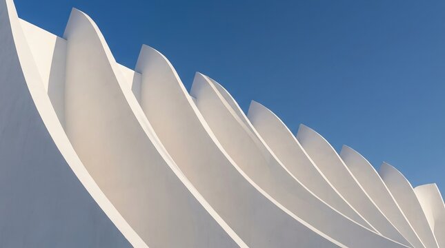 Abstract Minimalist White Architecture with Curved Fins Under Blue Sky