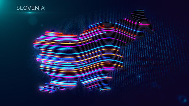Futuristic Slovenia map illustration featuring vibrant glowing contour lines, digital particle grid, cinematic depth of field, and clean country title text for technology presentations.