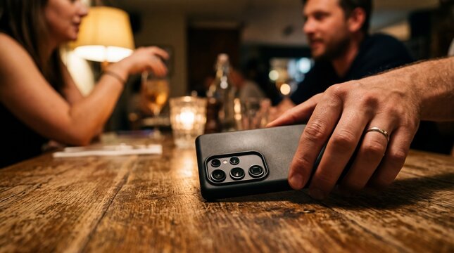 Man reaching for smartphone on wooden table during dinner