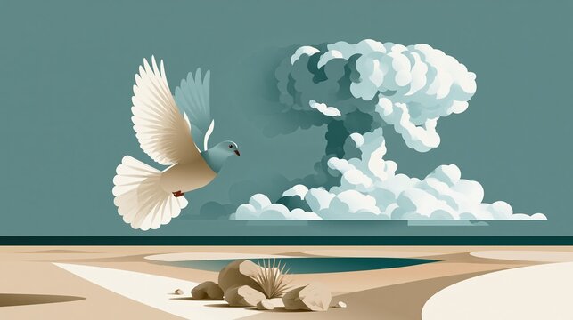 International Day against Nuclear Tests:  illustration of a peaceful landscape with a dove flying over a desert horizon and a fading mushroom-cloud silhouette transforming into clouds