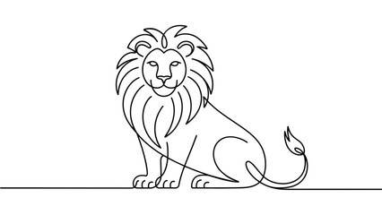  Minimalist continuous line art illustration of majestic lion sitting upright with detailed mane and tail, symbolizing strength, courage, leadership, power, and elegant artistic simplicity © VectorCraze