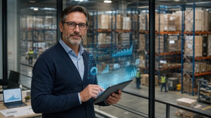 Fototapeta premium Warehouse Manager Using Tablet with Digital Interface for Logistics