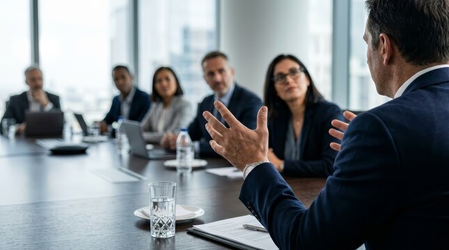 Executive team participating in a boardroom coaching session and leadership training with a business leader.