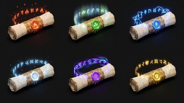 A professional commercial graphic design sheet featuring a clean 3x3 grid layout of nine unique 3D fantasy potion icons. Each potion bottle has a distinct geometric crystalline glass