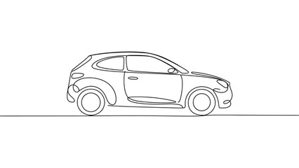 Fototapeta premium Minimalist continuous line art illustration of compact hatchback car side view with clean stylized outline, modern automotive design concept emphasizing simplicity and proportion balance