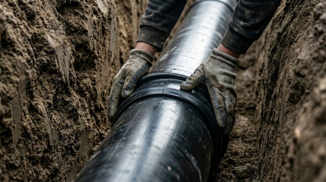A professional worker installing a new underground sewer pipe section in a narrow excavation.