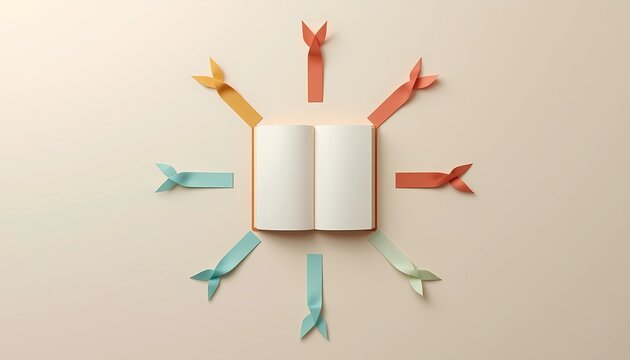 Open book with colorful ribbon bookmarks radiating outward like sunbeams
