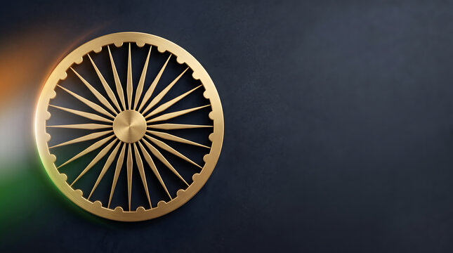 Golden Ashoka Chakra on Dark Background with India Flag Light Leak