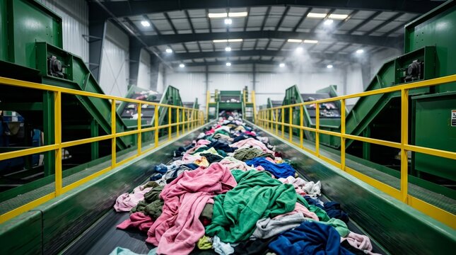 Material recovery process of discarded clothing on a conveyor belt within a textile recycling sorting machine.