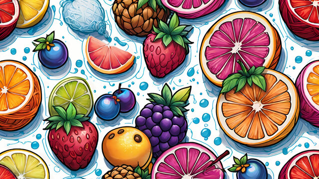 Seamless pattern of vibrant digital fruit illustrations featuring orange slices strawberries and blackberries with water splashes
