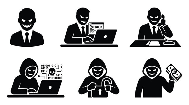 Cyber criminal hacker silhouette vector icons set showing illegal activities for digital security awareness web design