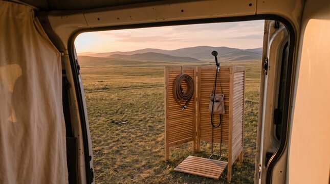 View through an open camper doorway reveals a wooden folding shower screen, handheld nozzle and slatted platform on vast golden grassland, capturing quiet off-grid comfort during a remote sunset camp