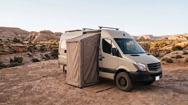 Beige all-terrain camper with a fabric shower annex and wooden floor stands on weathered sandstone presenting a self-contained hygiene solution for remote desert road trips beneath soft evening light