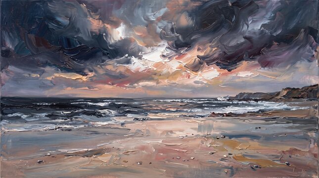 Dramatic ocean sunset featuring thick impasto oil paint texture and moody dark stormy rolling clouds above