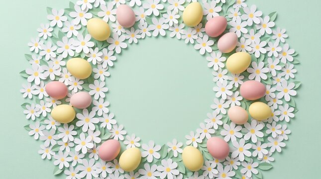 Pastel easter eggs arranged beautifully in circular wreath pattern with delicate white paper craft flowers