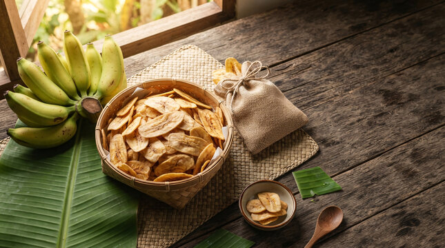 Fresh green bananas and homemade banana chips displayed in a woven basket on a rustic wooden table.