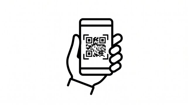 Hand holding smartphone displaying digital qr code icon in minimalist black and white line art style