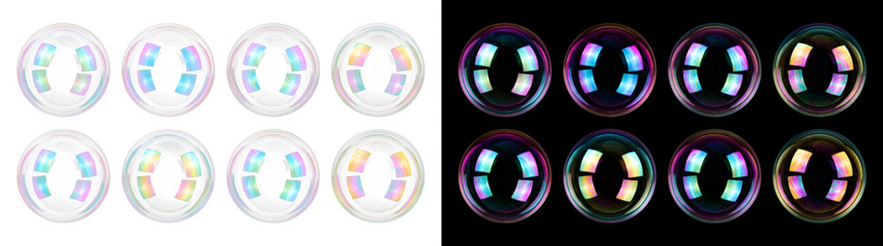 Set of transparent soap bubbles with iridescent reflections transparent iridescent reflection