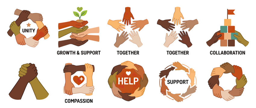 Diverse Hands Forming Shapes for Unity and Support Concepts
