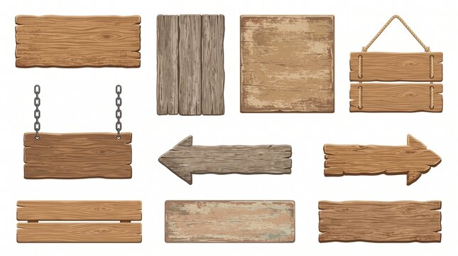 Rustic wooden signs collection, vintage timber planks and arrow pointers, set of 10 weathered wood boards with rope and chain hangers on white background