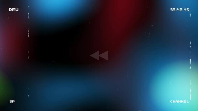 Retro VHS rewind effect featuring colorful light leaks and analog noise. Old video tape defect with tracking lines and timecode overlay on a blurred abstract background