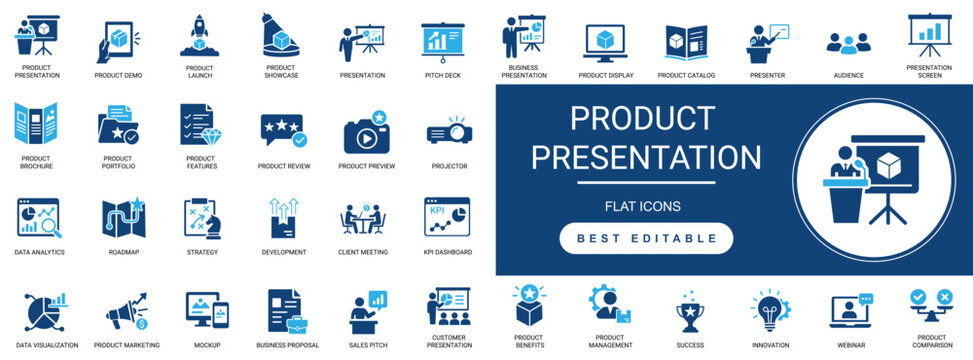 Product Presentation solid icon set. Featuring product, presentation, showcase, demo, marketing, sales, display, launch, pitch, and branding. Editable vector illustration.