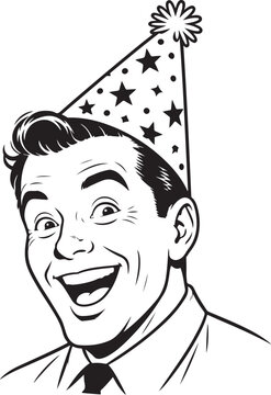 Happy man wearing a party hat in a vintage retro comic book style