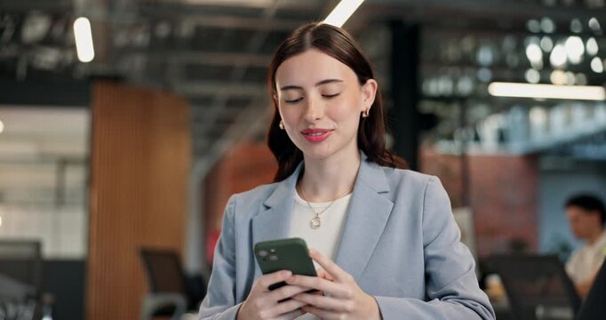 Smile, woman and reading in office with phone, news research and email source to confirm facts. Business, person and copywriting in workplace with mobile, proofreading and story draft for publication