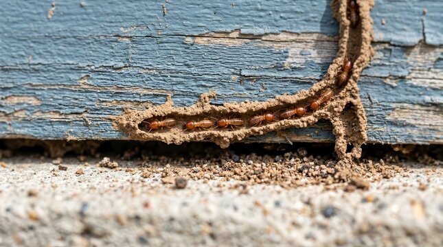 Termite control concept showing pests and mud tubes on an exterior building structure.