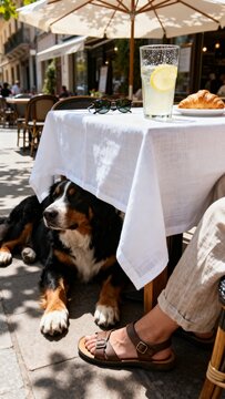 Bernese mountain dog resting under a table at an outdoor cafe.