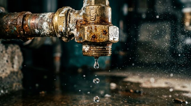 Damaged metal pipe fitting and corroded backflow preventer with water droplets and leakage.