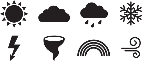 Obraz premium Weather icon set. Collection of climate symbols for forecast apps and web design. A set of black weather icons including sun, rain, snow, storm, and wind symbols on a white background.