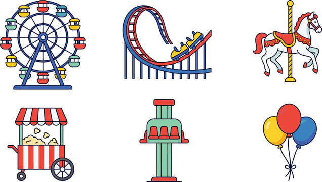 Amusement park line icons set featuring a ferris wheel, roller coaster ride, carousel horse, popcorn cart, drop tower attraction, and colorful helium balloons isolated on white background