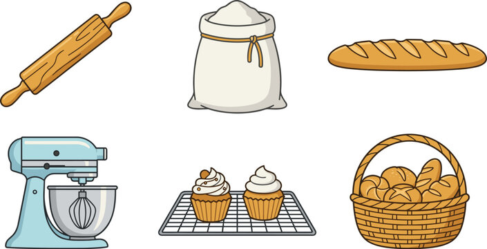 Bakery and baking tool icons set featuring a wooden rolling pin, sack of flour, fresh baguette, electric stand food mixer, frosted and bread basket isolated on white background