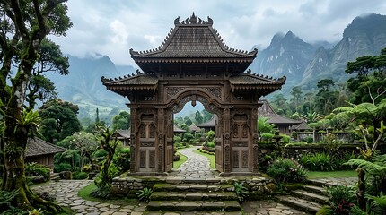 Obraz premium Ornate wooden temple gate with a backdrop of lush green mountains