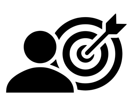 Professional business goal icon depicting a person aiming at a target bullseye with business strategy marketing achievement objective planning management corporate aspiration performance
