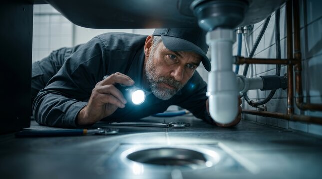 Close-up of a plumber examining sink plumbing and looking for leaks using a flashlight.