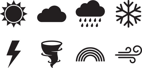 Obraz premium Weather icons set. Collection of climate symbols for forecast apps and web design. A set of black weather icons including sun, clouds, rain, snow, lightning, tornado, rainbow, and wind.