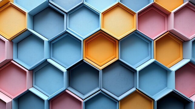 Textured hexagonal geometric pattern with pastel blue pink and yellow shades