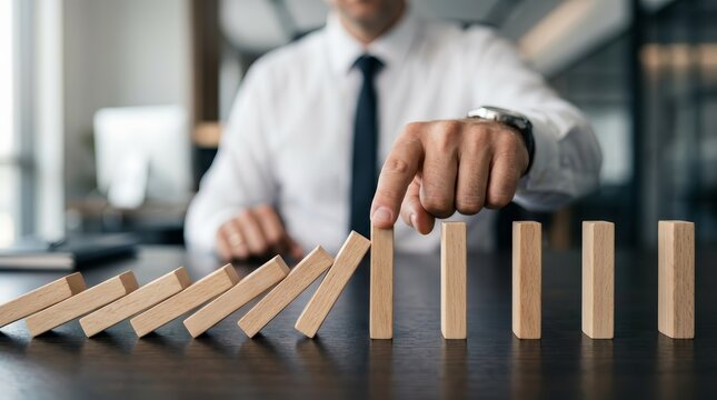 Strategic change management process where a hand stops a sequence of falling dominoes.